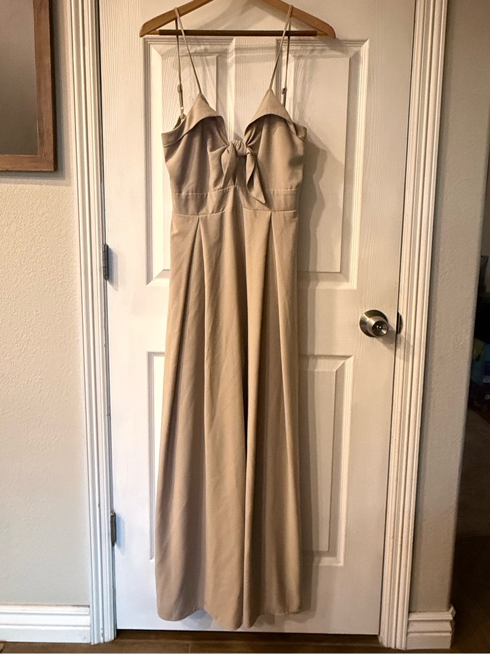 She and Sky Beige Tie-Front Spaghetti-Strap Maxi Dress